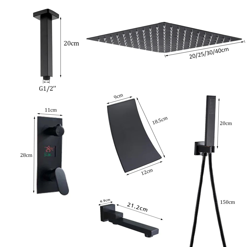 Afralia™ Matte Black Digital Shower Faucet Set Rainfall Shower Head Mixer Tap Display