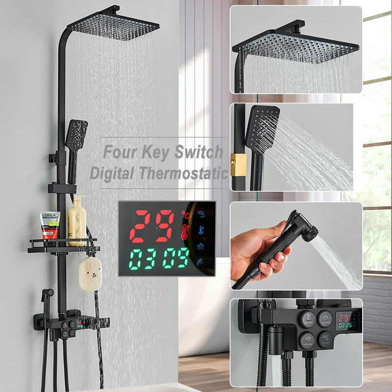 Afralia™ Thermostatic Shower Faucet Set with LCD Temperature Display and Rainfall Bathtub Tap