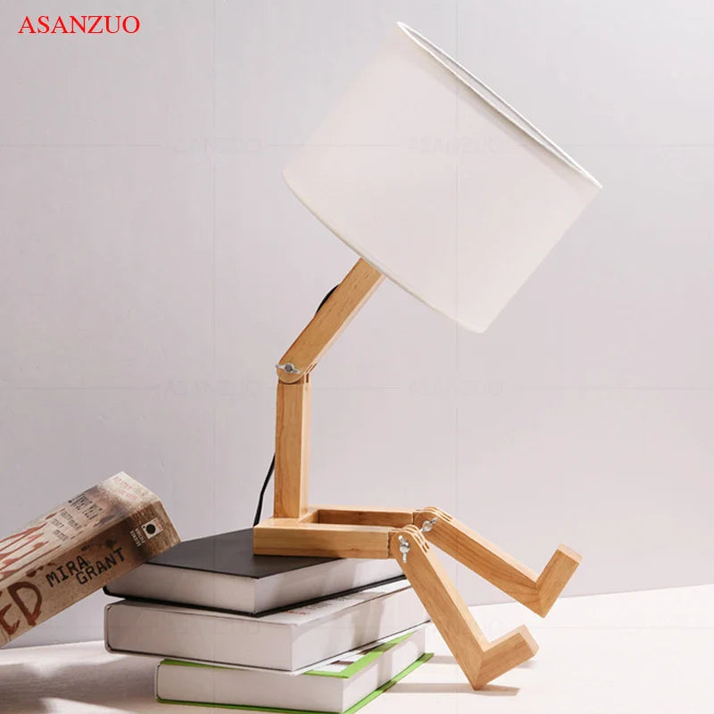 Afralia™ Nordic Wooden Robot Table Lamp LED Desk Lamp for Modern Living Room