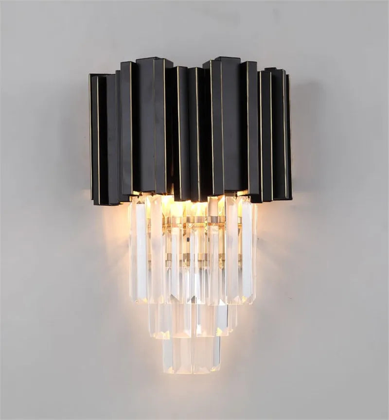 Afralia™ Gold Black Crystal Wall Sconce, Modern K9 Crystal Drops Shade Wall Lamp