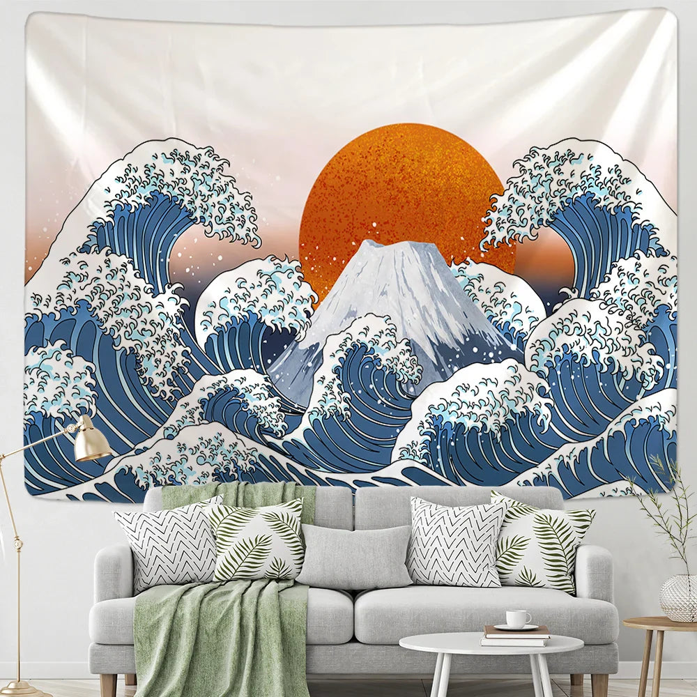 Afralia™ Kanagawa Waves Hanging Tapestry: Boho Sun Wall Tapestries, Bedspread, Yoga Mat