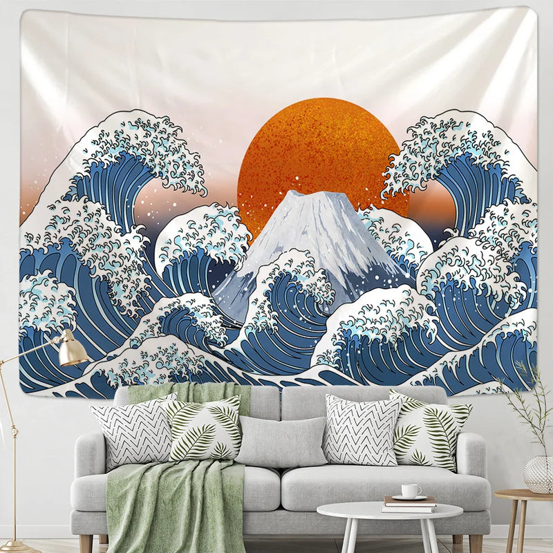 Afralia™ Kanagawa Waves Hanging Tapestry: Boho Sun Wall Tapestries, Bedspread, Yoga Mat