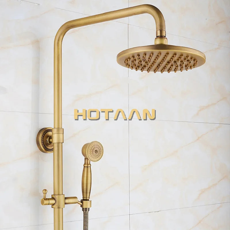 Afralia™ Antique Brass Shower Faucet Set with Rainfall Mixer Valve, 8" Head, Hand Shower