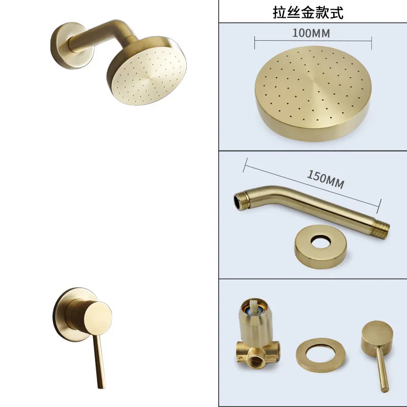 Afralia™ Brushed Gold Round Rainfall Shower Faucet Set, Wall Mounted Shower Mixer