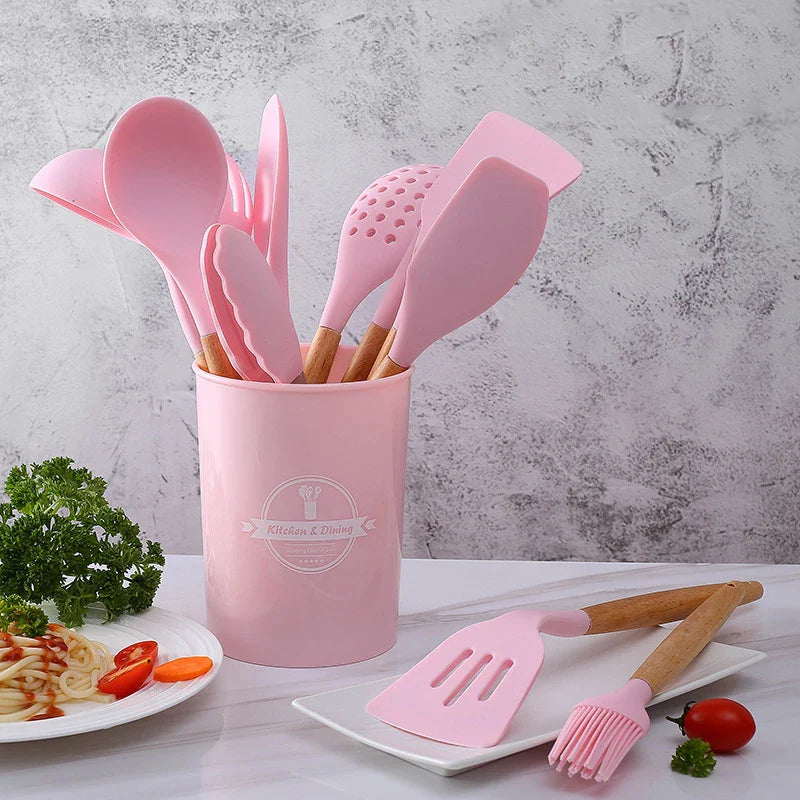 Afralia™ Silicone Kitchen Utensils Set with Wooden Handle - Food Grade & Practical Cooking Tools