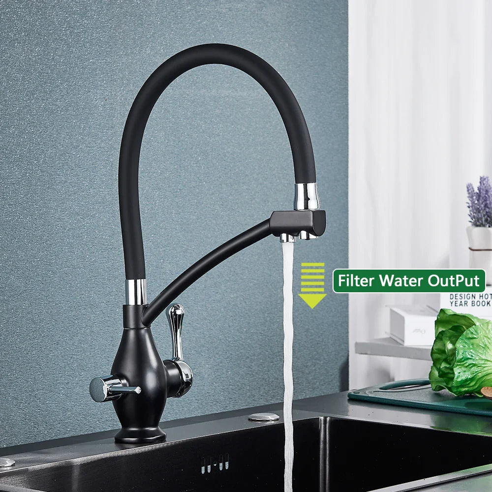 Afralia™ Dual Spout Black Kitchen Faucet with Filter, Swivel Pull Down Nozzle