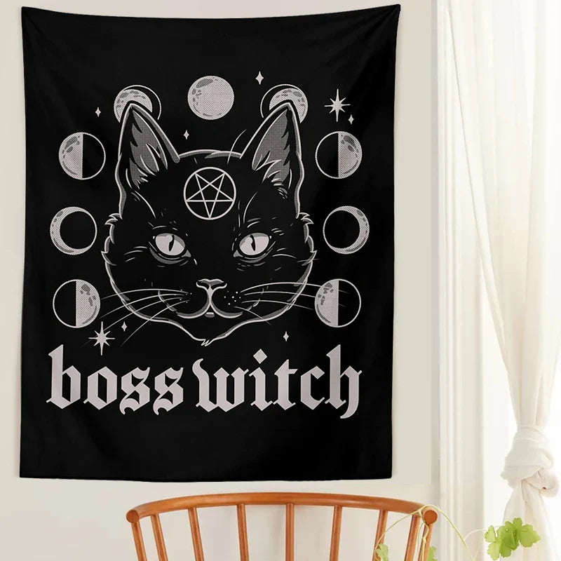 Afralia™ Cat Witchcraft Black Tapestry Wall Hanging Baphomet Occult Home Decor