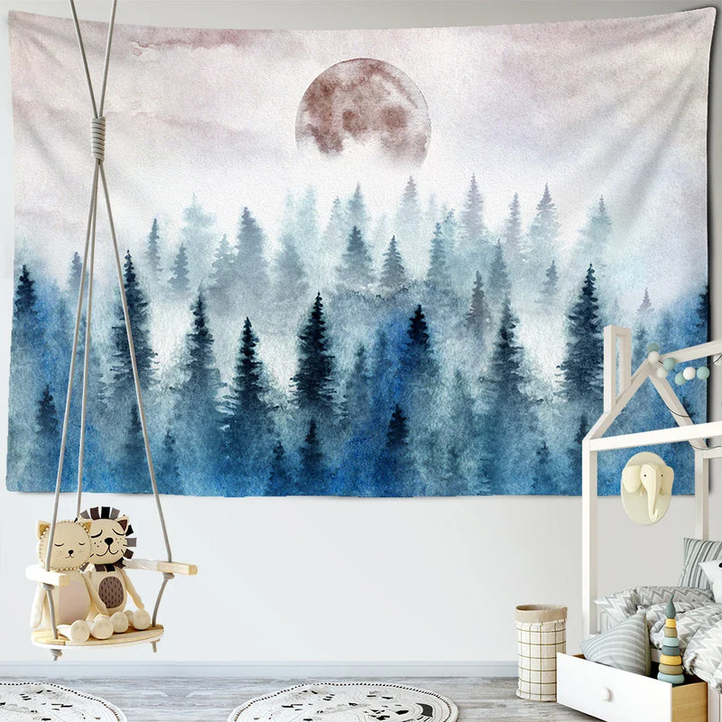 Afralia™ Foggy Forest Tree Tapestry Living Room Decor