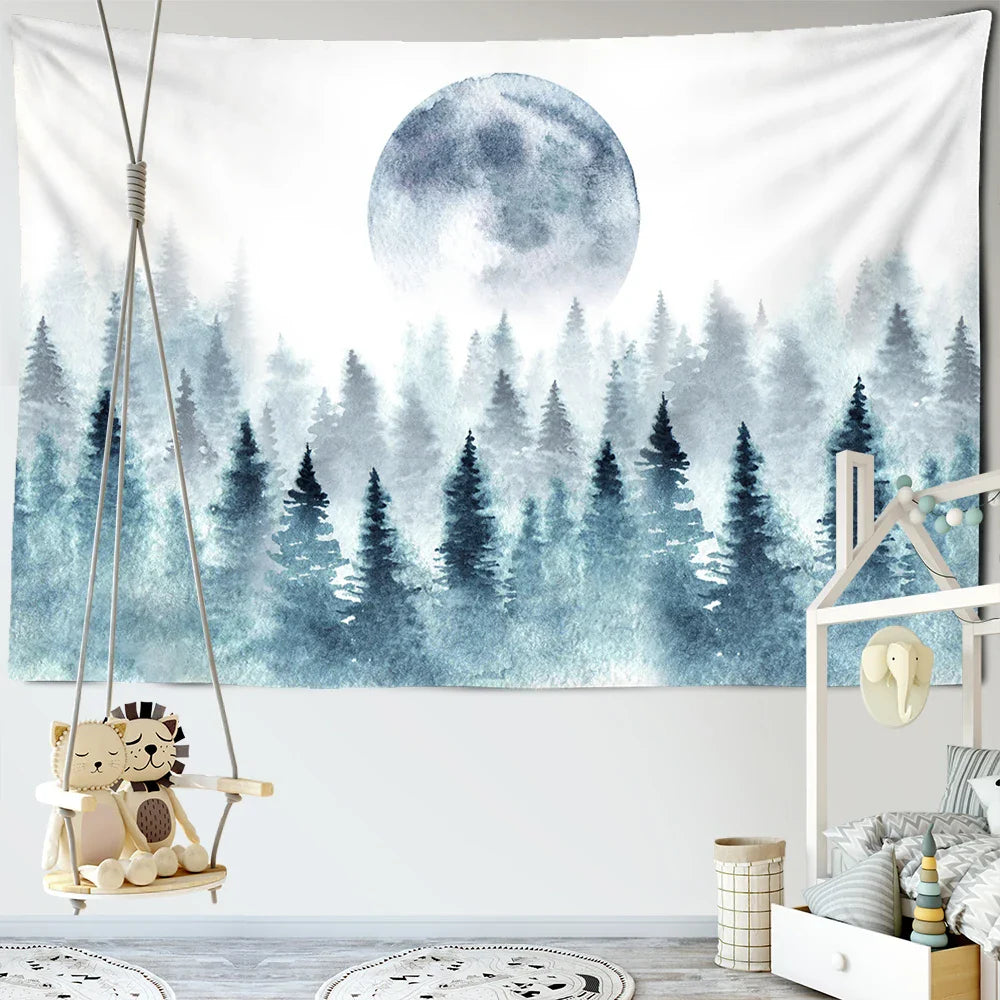 Afralia™ Foggy Forest Tree Tapestry Living Room Decor