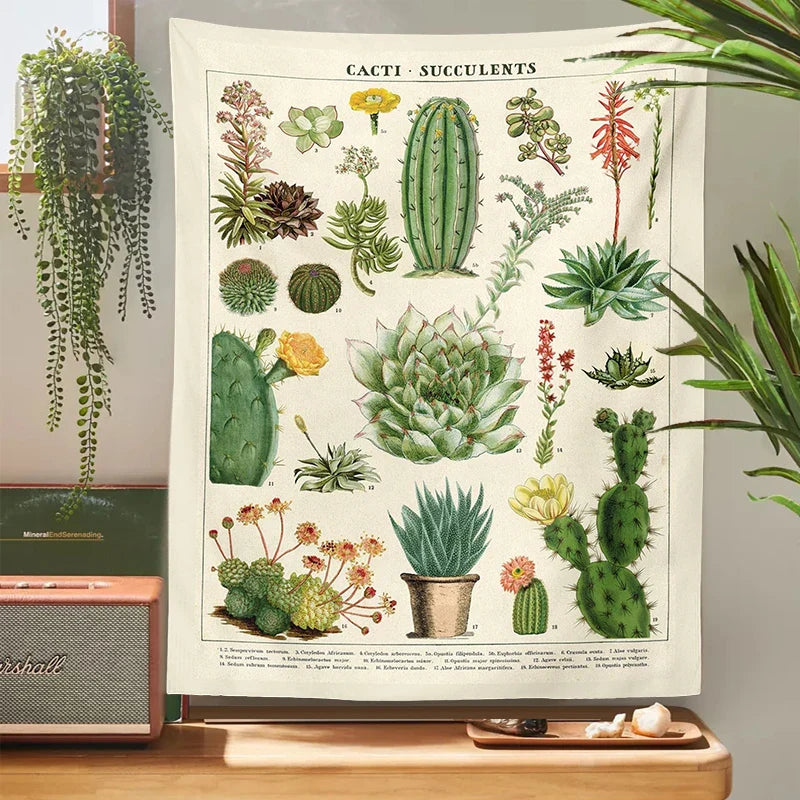 Afralia™ Cactus Tapestry Wall Hanging: Retro Succulents Mushroom Chart Hippie Boho Decor