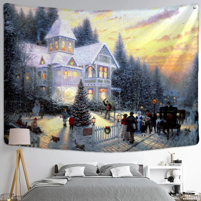 Snow Scene Oil Painting Tapestry Wall Hanging for Home Decor by Afralia™