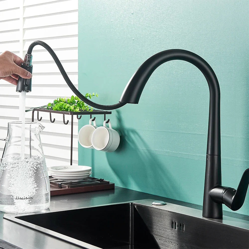 Afralia™ Black Kitchen Faucet Single Handle Pull Out Hot Cold Water Mixer Tap