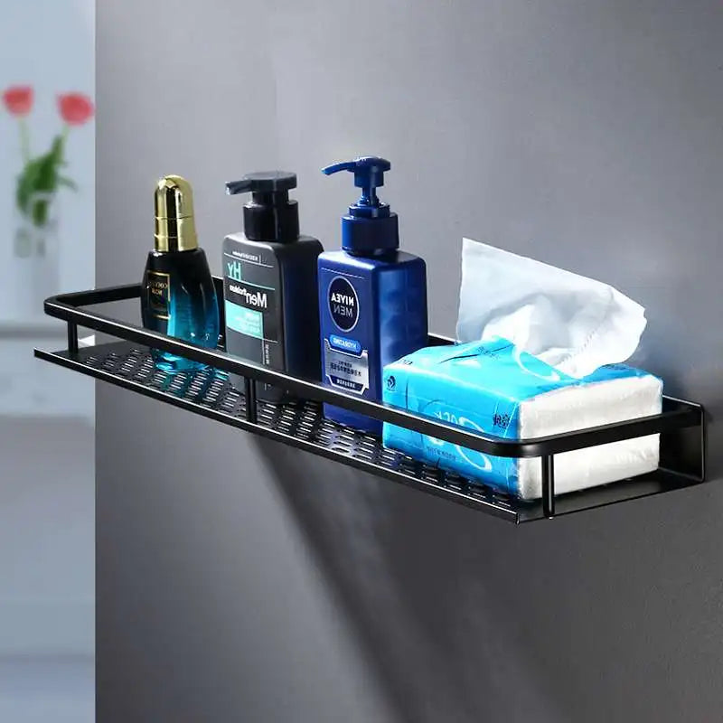 Afralia™ Wall-Mounted Black Aluminum Shampoo Shelf - Square Storage Rack