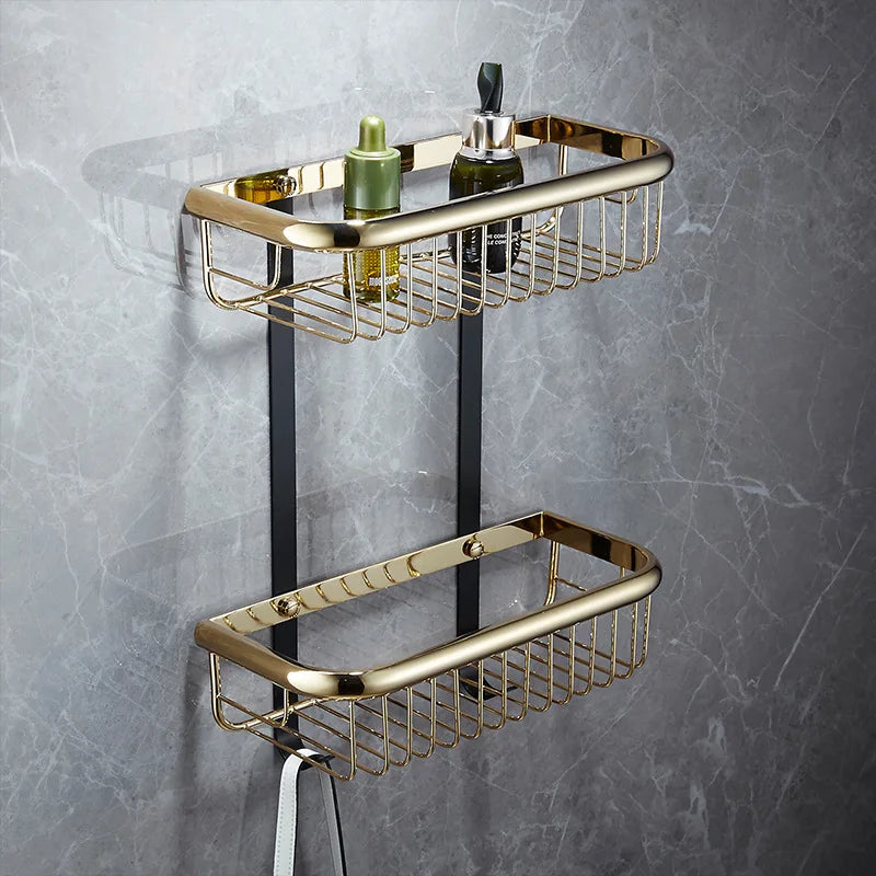 Afralia™ Gold & Black Corner Shelf: Brass Bathroom Shelves for Stylish Storage