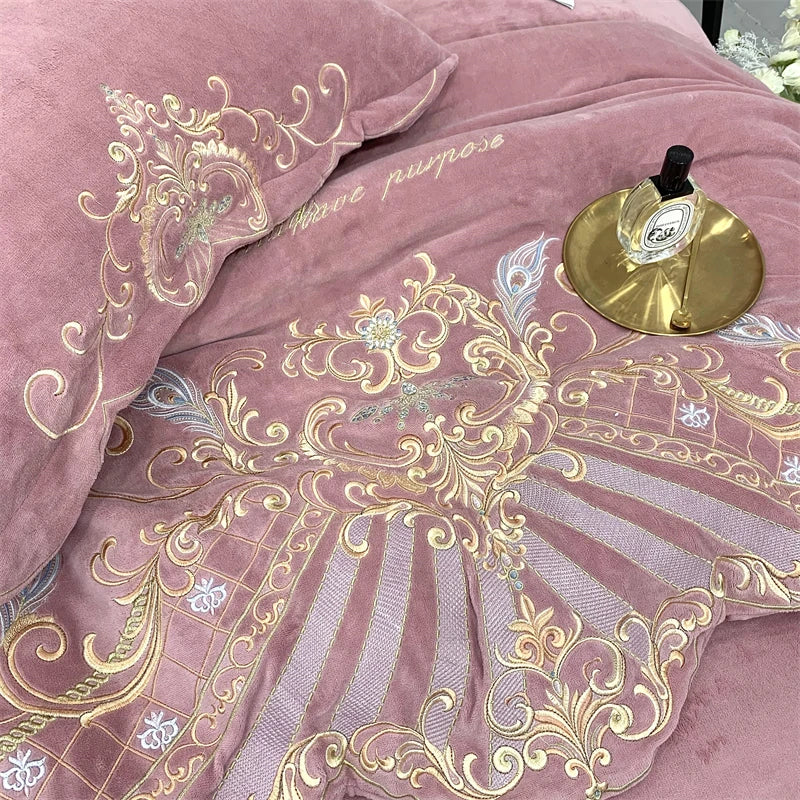 Afralia™ Luxury Velvet Embroidered Bedding Set with Plush Quilt Cover & Bed Sheet