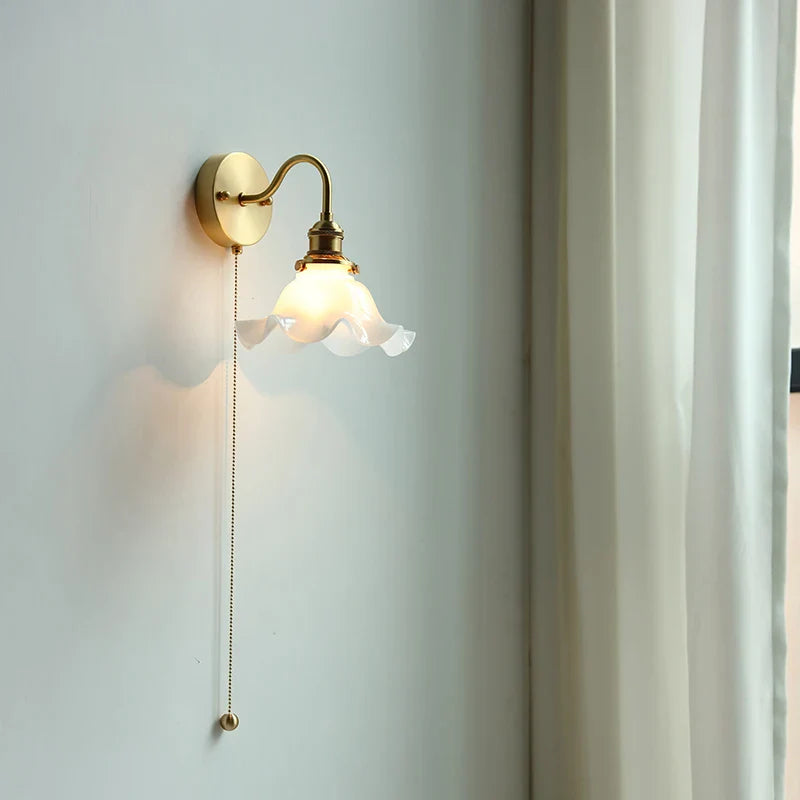 Afralia™ White Glass LED Wall Light with Pull Chain Switch for Bedroom Bathroom Mirror