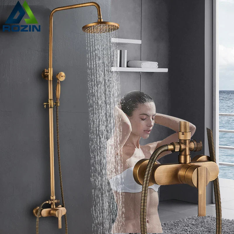 Afralia™ Brass Antique Shower Set with Handshower, Wall Mounted Single Handle Faucet