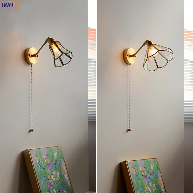 Afralia™ Green Glass LED Wall Lights with Pull Chain Switch, Copper Finish