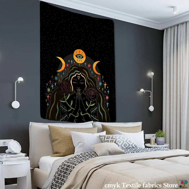Afralia™ Moon Phase Girl Mandala Tapestry: Bohemian Hippie Wall Hanging for Psychedelic Home Decor