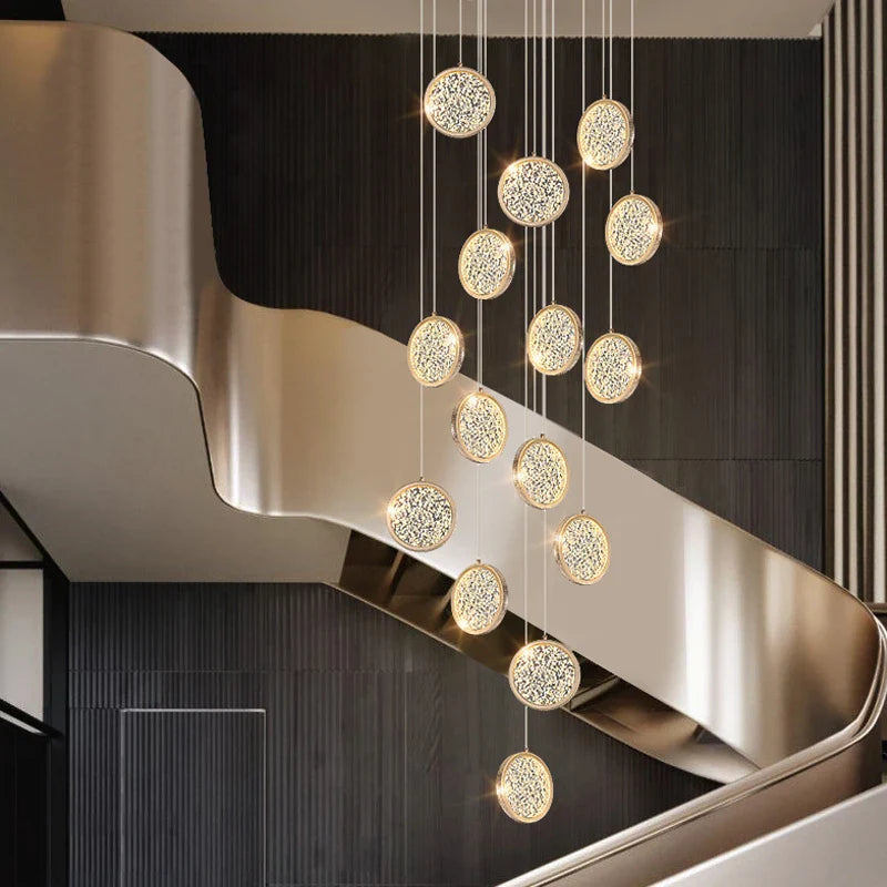 Modern Golden Round Acrylic Stair Chandelier by Afralia™ - Elegant Designer Lighting for Home