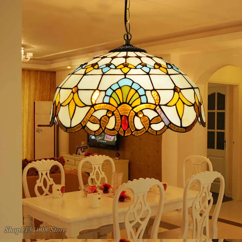 Afralia™ Baroque Tiffany Pendant Light Stained Glass Chandelier for Home Dining Room E27