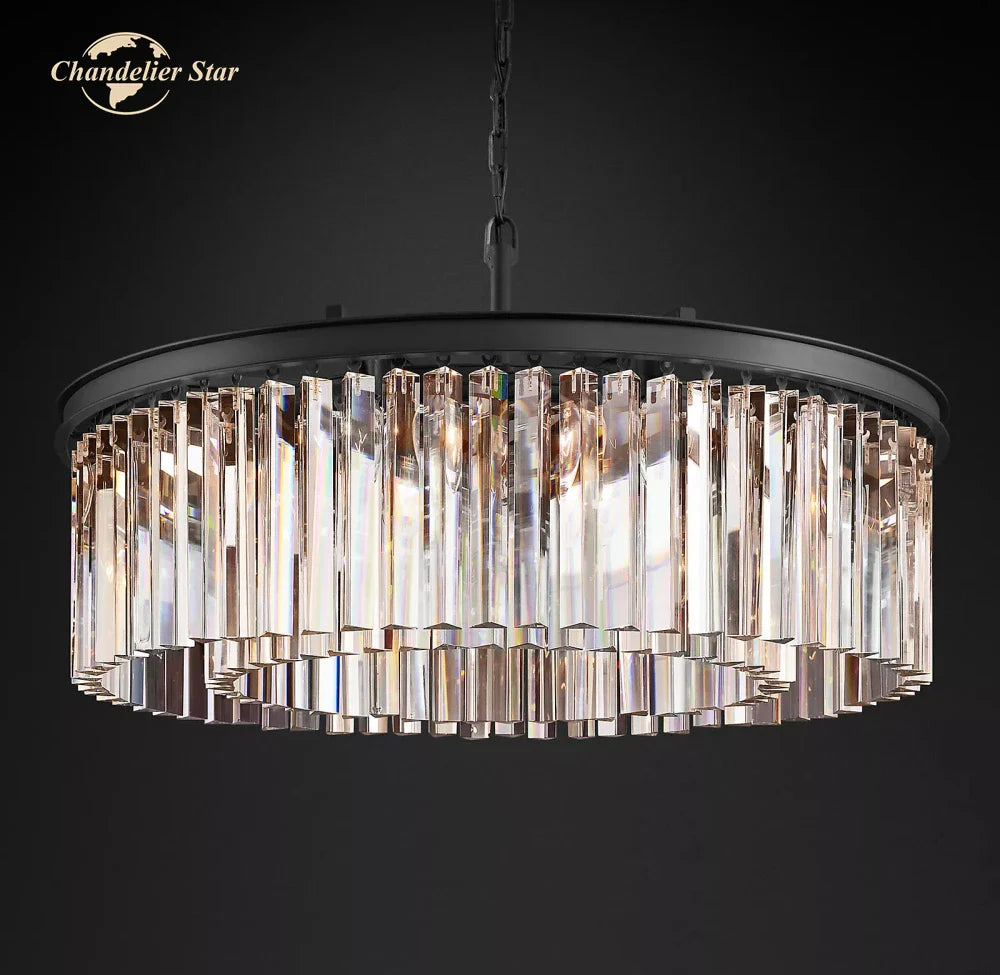 Afralia™ Modern LED Crystal Chandelier Chrome Black Metal Odeon Round Lamp