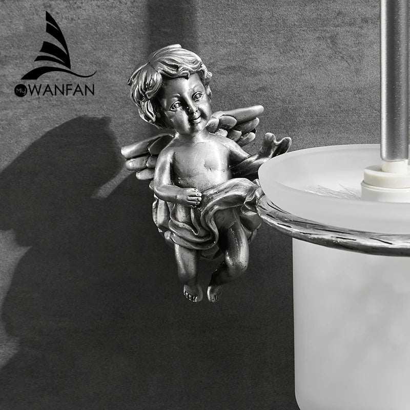 Afralia™ Classic Angel Brass Toilet Brush and Holder Set for Bathroom
