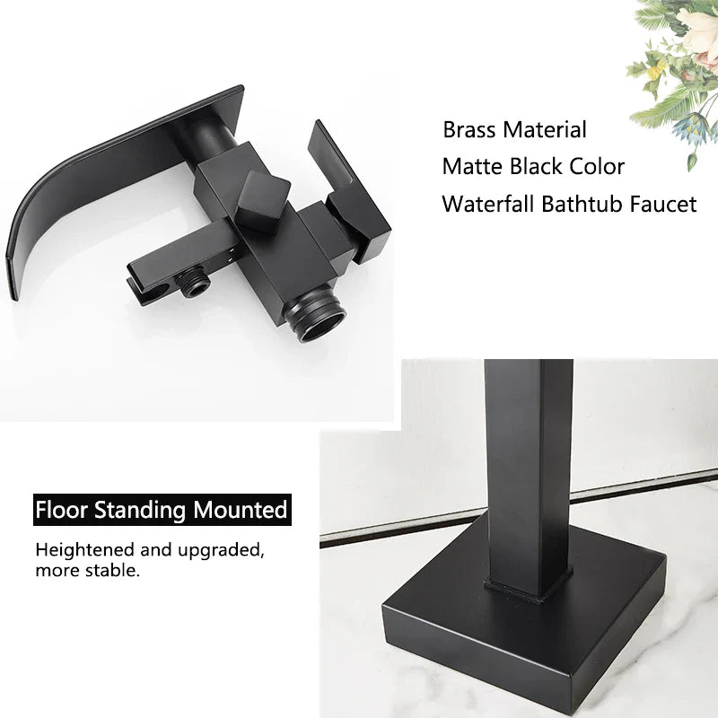 Afralia Matte Black Waterfall Bathtub Shower Faucet, Floor Standing Hot Cold Mixer Tap