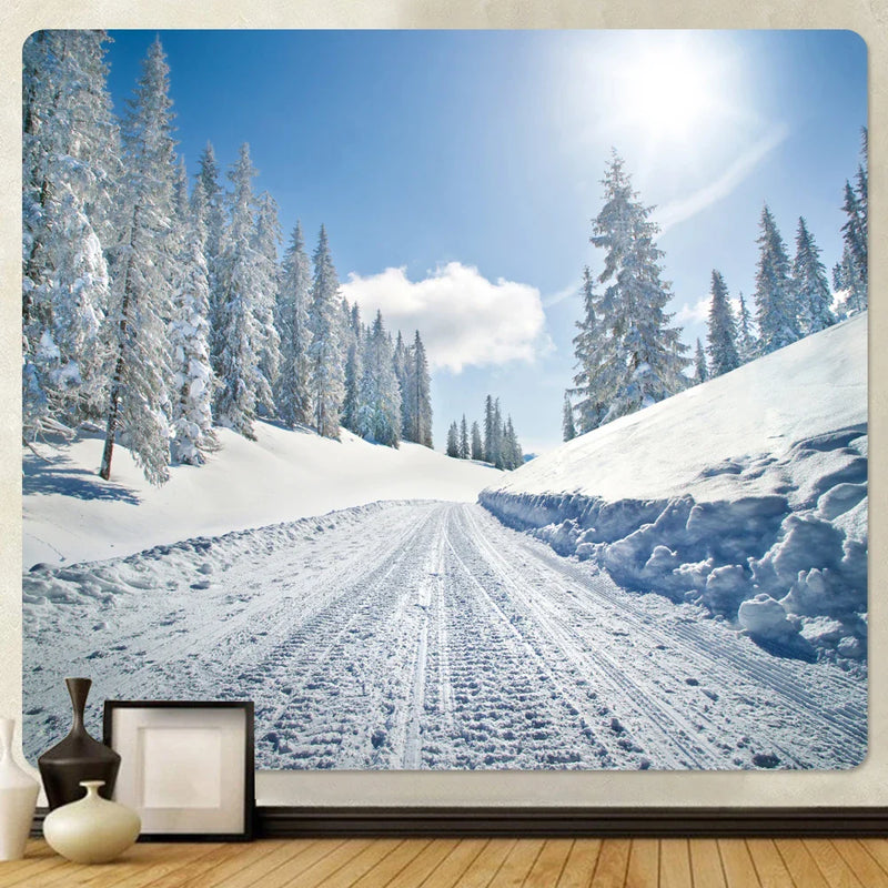 Afralia™ Forest Snow Scene Tapestry Wall Hanging for Boho Home Decor