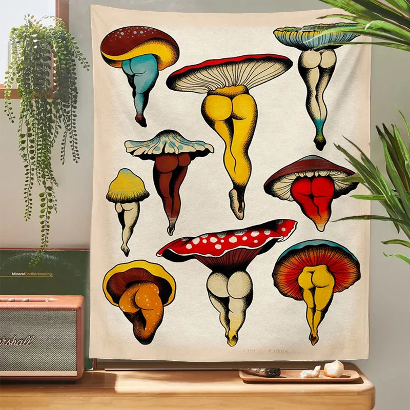 Afralia™ Mushroom Maiden Tapestry: Botanical Cactus Chart Wall Hanging for Bohemian Home Decor