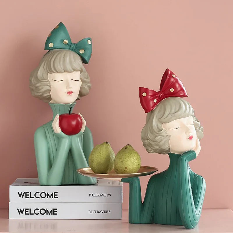 Afralia™ Turquoise Bowknot Girl Resin Figurine - Elegant TV & Wine Cabinet Statue