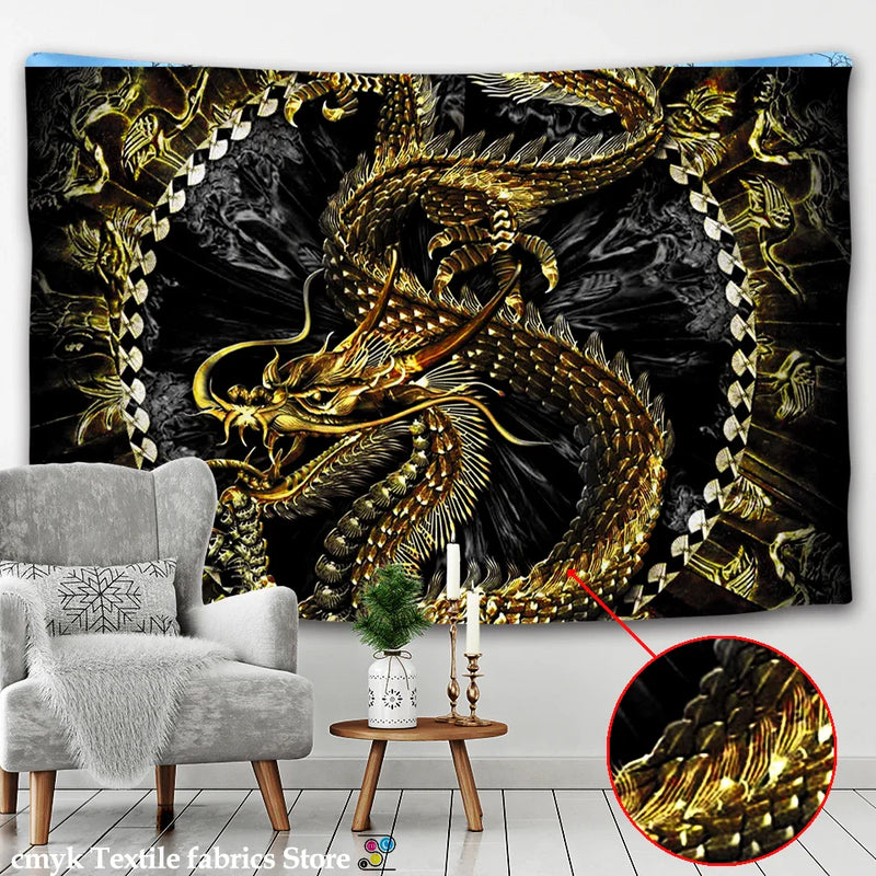 Afralia™ Chinese Dragon Castle Totem Tapestry Wall Hanging Beach Mat Tapis Decor