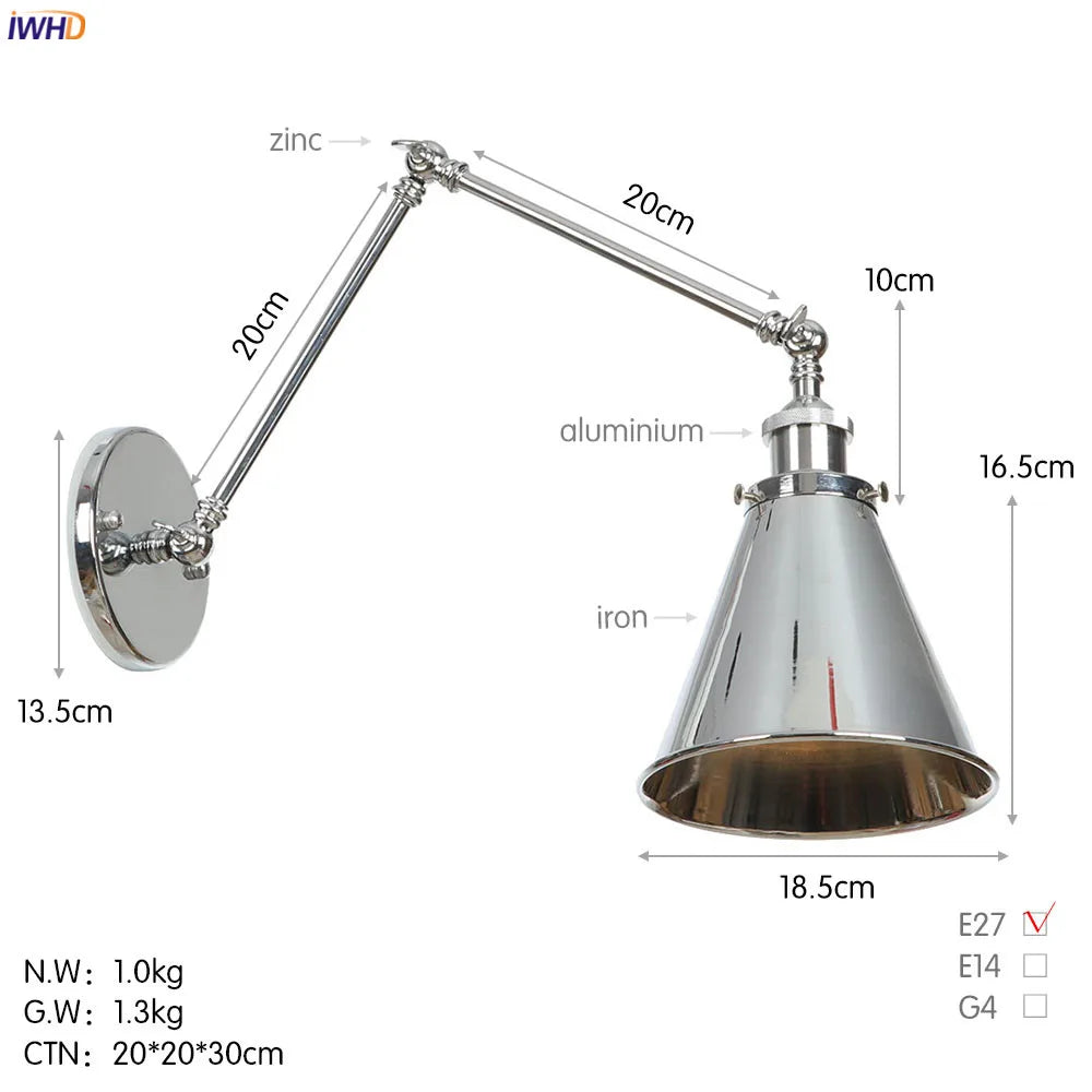 Afralia™ Silver Swing Arm LED Wall Light - Industrial Vintage Wall Sconce