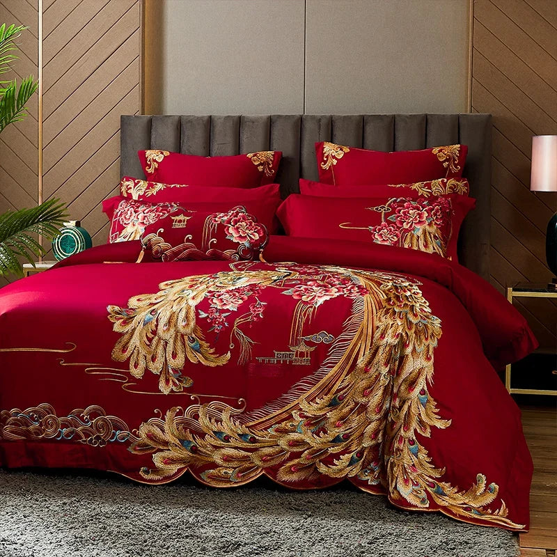 Afralia™ Luxury Gold Phoenix Embroidery Bedding Set, Red Chinese Wedding Style