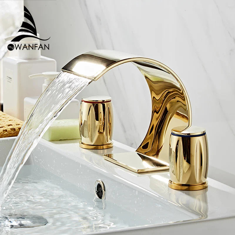 Afralia™ Gold Double Handle Basin Faucet - Three Hole Bathroom Sink Mixer