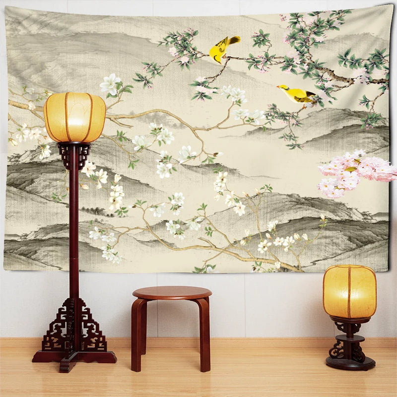 Afralia™ Flower Bird Print Bohemian Wall Tapestry Plum Blossom Art Carpet