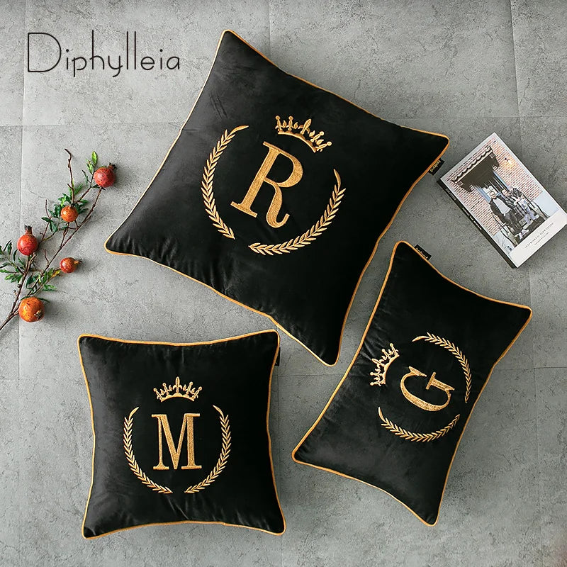 Diphylleia Luxury Black Velvet Letter Embroidered Pillow Cover