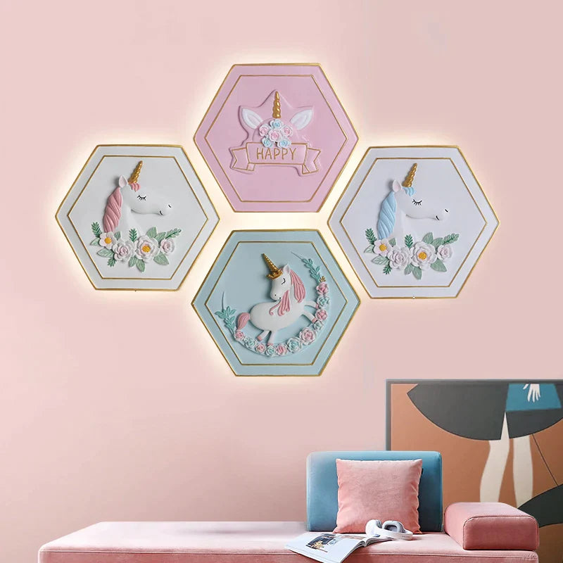 Afralia™ Princess Unicorn Astronaut Wall Lamp for Kids Bedroom - Hexagon Shape