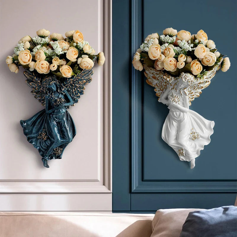 Afralia™ Angel Vase Wall Decoration Resin Shelf Art Mural Living Room Cupid Flowerpot