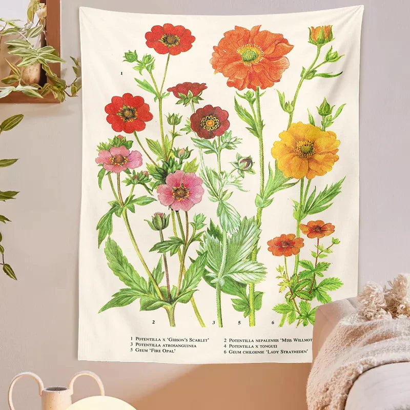 Afralia™ Botanical Flower Print Tapestry Wall Hanging - Vintage Nature Potentilla Decor