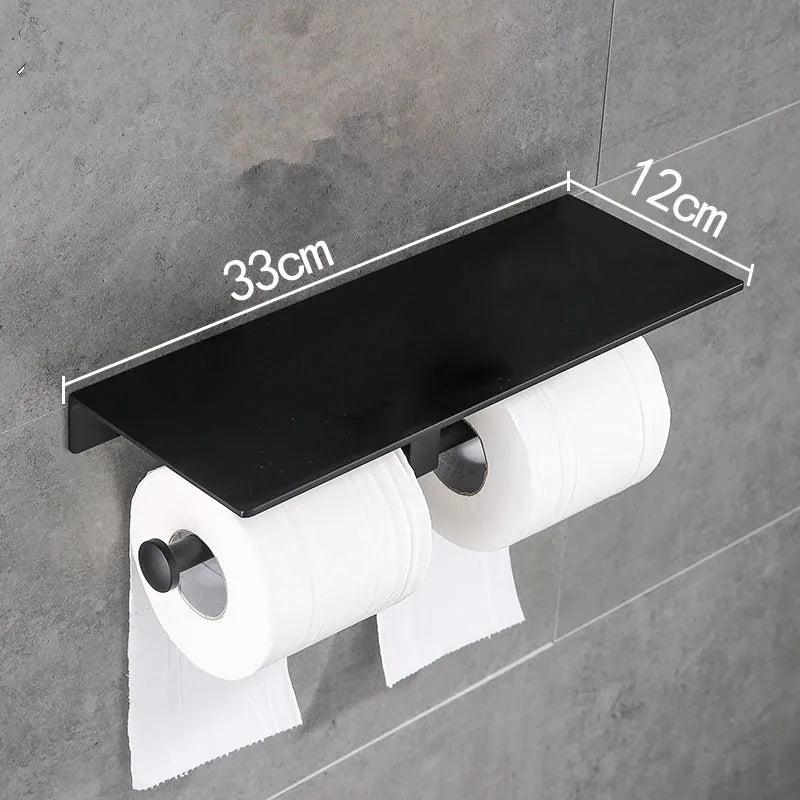 Afralia™ Black Aluminum Toilet Paper Holder with Phone Shelf & Double Roll Tissue Boxes