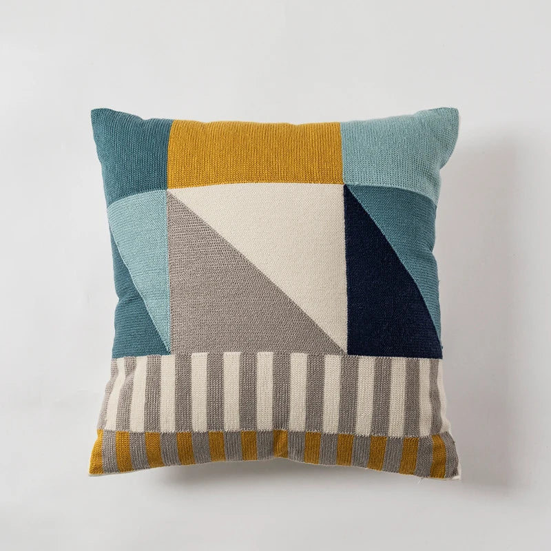 Afralia™ Geometric Embroidery Cushion Cover Set - Blue Coffee Yellow Grey Abstract Square