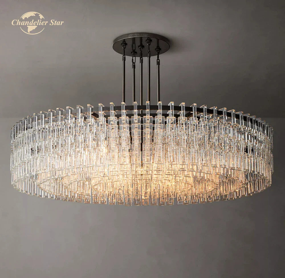 Afralia™ Modern LED Round Chandelier Black Brass Glass Chrome Pendant Light