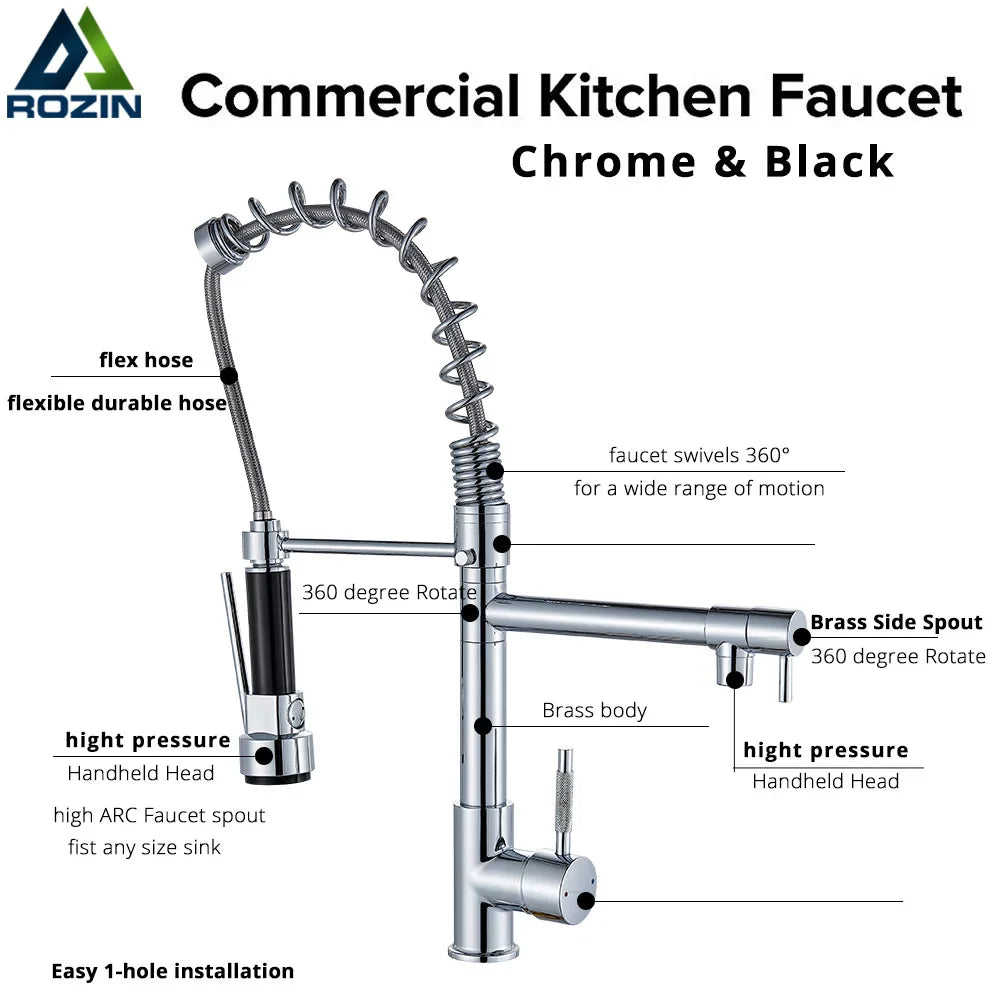 Afralia™ Rozin Chrome Kitchen Faucet with Dual Outlet Spouts 360 Swivel Handheld Shower