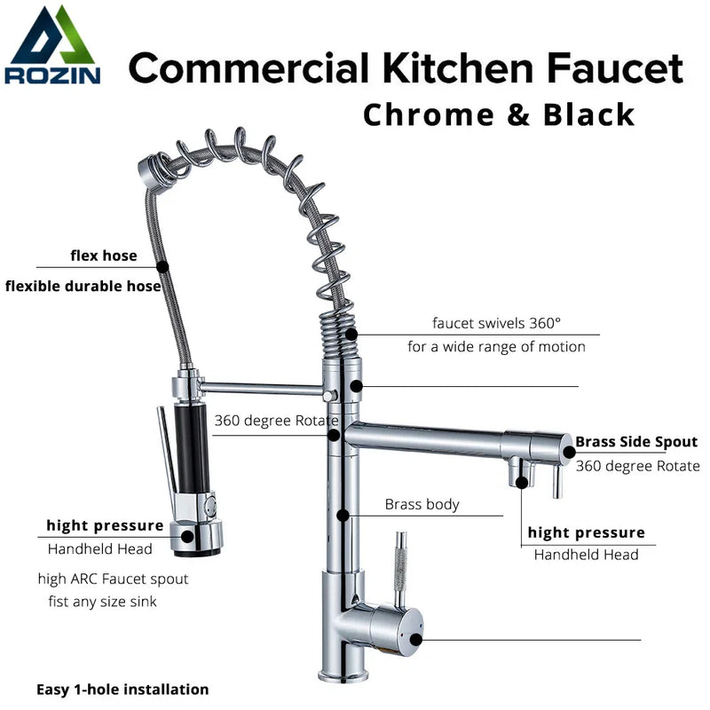 Afralia™ Rozin Chrome Kitchen Faucet with Dual Outlet Spouts 360 Swivel Handheld Shower