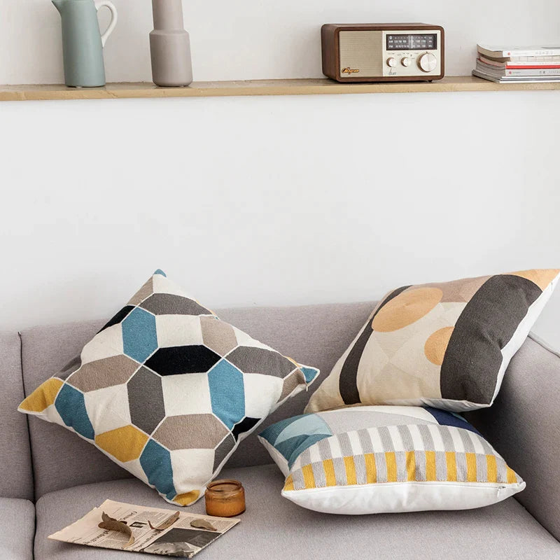 Afralia™ Geometric Embroidery Cushion Cover Set - Blue Coffee Yellow Grey Abstract Square