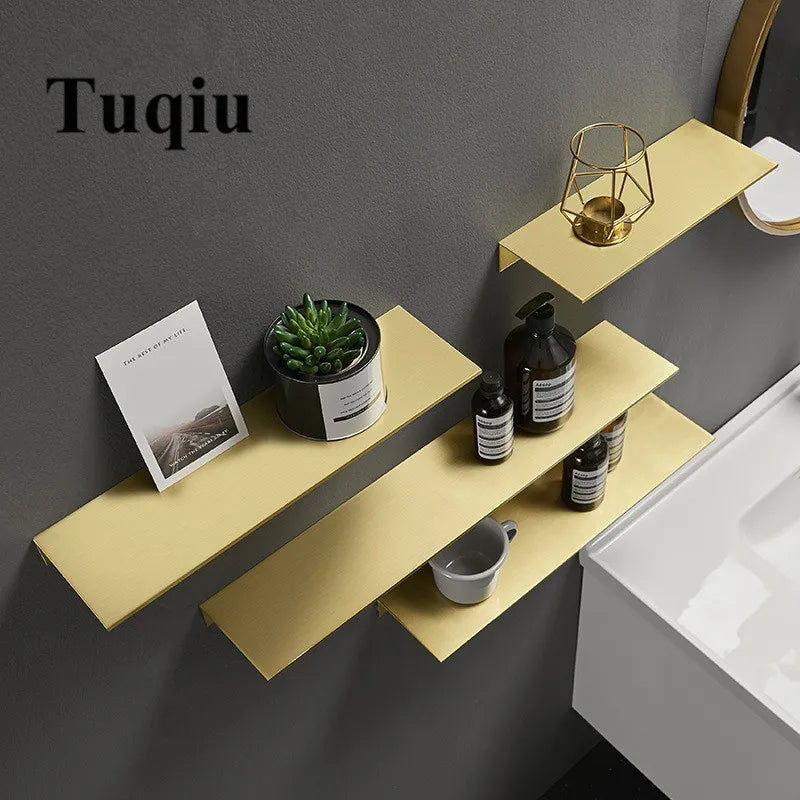 Afralia™ Brushed Gold Bathroom Shelf Wall Mounted Shampoo Holder Rack Aluminum Basket
