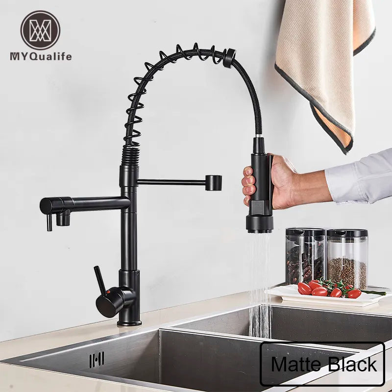 Afralia™ Black Brass Kitchen Faucet with Dual Spout, 360 Rotation, Deck Mounted