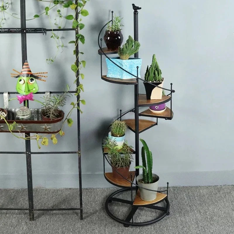 Afralia™ 8-Layer Stair Shape Iron Plant Stand with Wood Plate