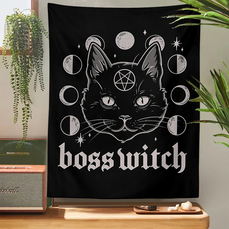 Afralia™ Cat Witchcraft Black Tapestry Wall Hanging Baphomet Occult Home Decor